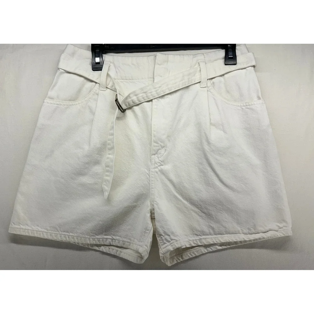 Uniqlo Jeans Womens 26 White‎ Belted High Waist Pleated Denim Shorts